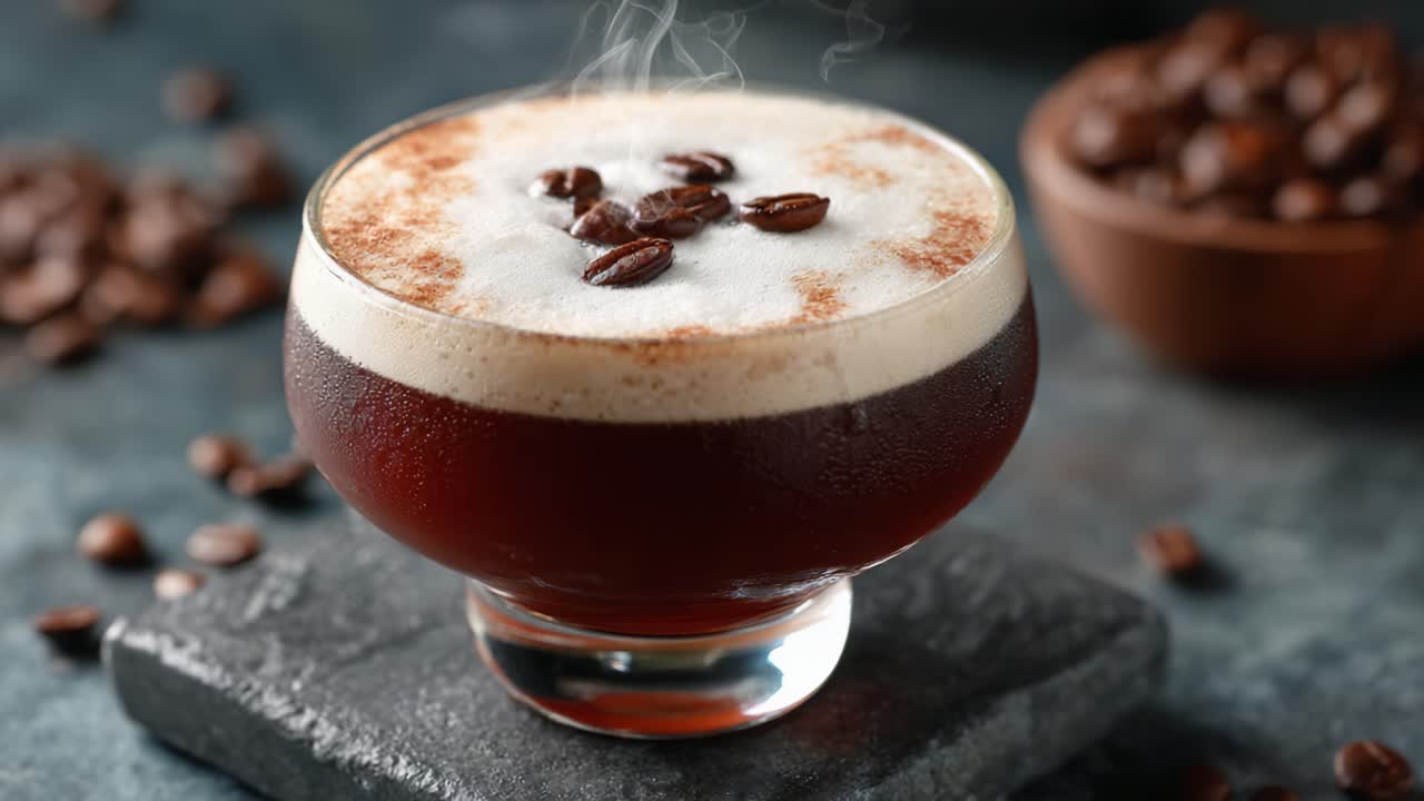 A Rich and Aromatic Coffee Beverage Served in a Glass with Steamy Foam and Coffee Beans, Perfect for Coffee Enthusiasts Searching for a Unique Experience
