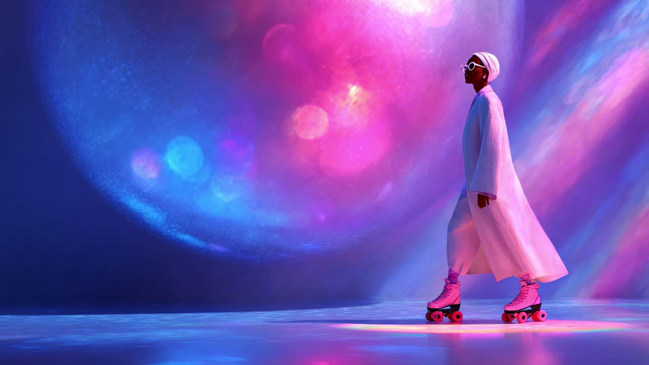 An ethereal scene featuring a roller skater gliding gracefully across a vibrant, colorful background, blending futuristic elements with a dreamy atmosphere of swirling light patterns