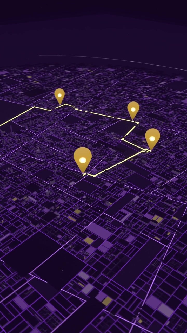 Vertical video: Animating route and dropping gold pins on neon grid, glowing marker starting loop