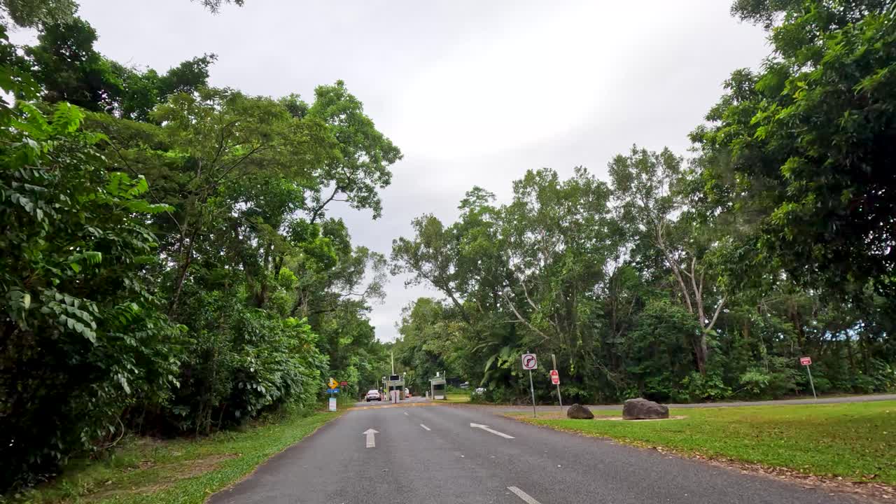A 20-second drive through dense greenery in Port Douglas, Queensland, under overcast skies, capturing a serene and natural environment