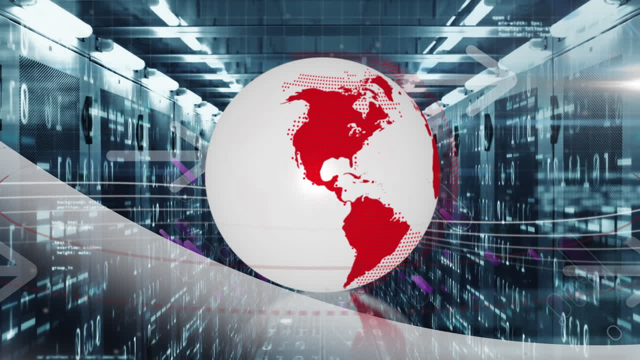 Animation of globe, arrows,purple light trails and data processing over computer servers