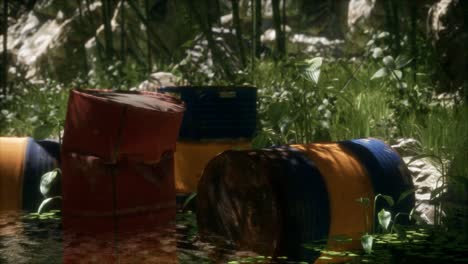 Rusty-barrels-in-green-forest