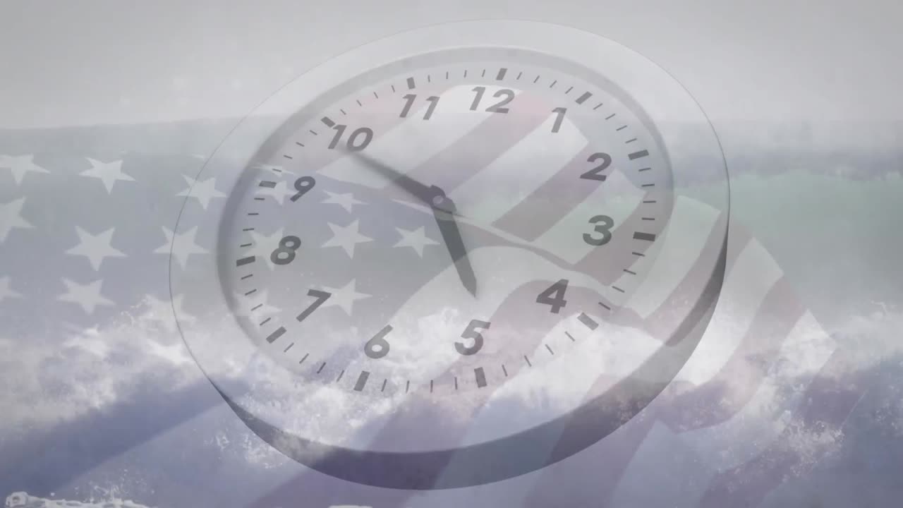 Animation of clock ticking over flag of usa
