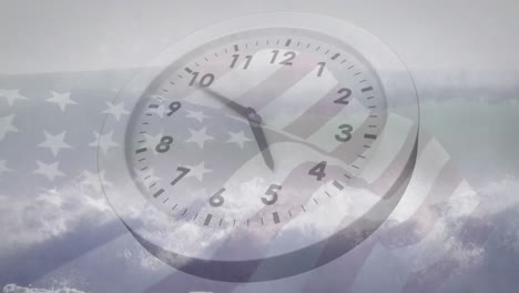 Animation-Der-Uhr,-Die-über-Der-Flagge-Der-USA-Tickt