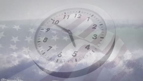 animation of clock ticking over flag of usa