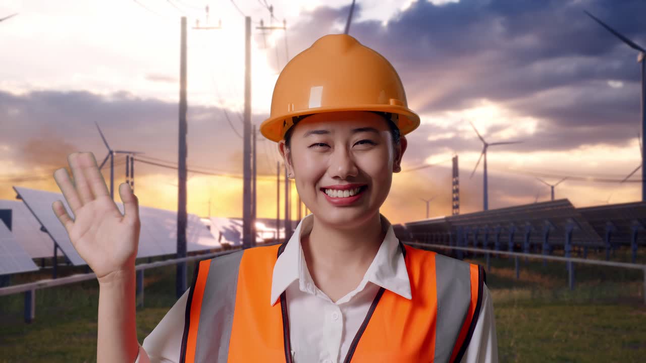 Close Up Of Asian Female Engineer With Safety Helmet Smiling To Camera And Waving Hand Saying Bye With Solar Panel and Wind Turbines