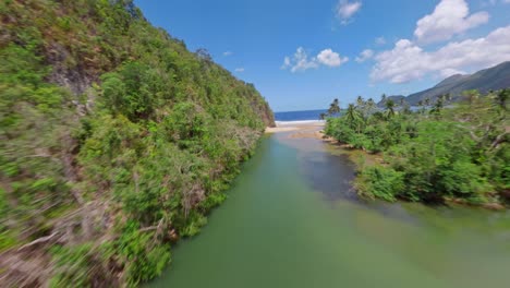 Vuelo-Fpv-Sobre-El-Idílico-Río-San-Juan-Que-Desemboca-En-El-Mar-Caribe-Con-Playa-De-Arena-Y-Costa-Verde---El-Valle,-Samana,-República-Dominicana