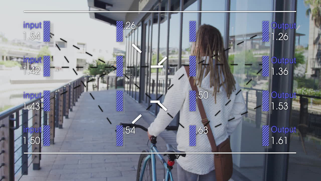 Person walking with bicycle, data processing animation overlaying urban background