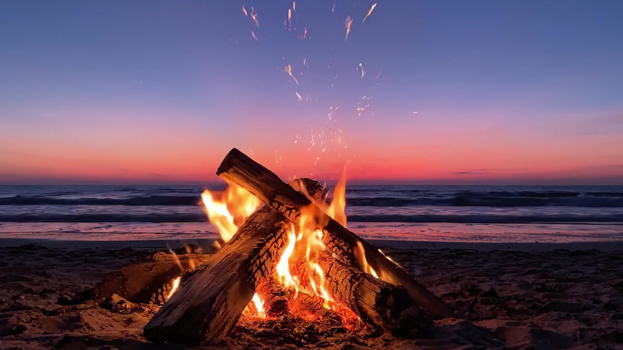 Un tranquillo falò sulla spiaggia al crepuscolo: godendosi il calore delle fiamme contro uno splendido tramonto sull'orizzonte dell'oceano.
