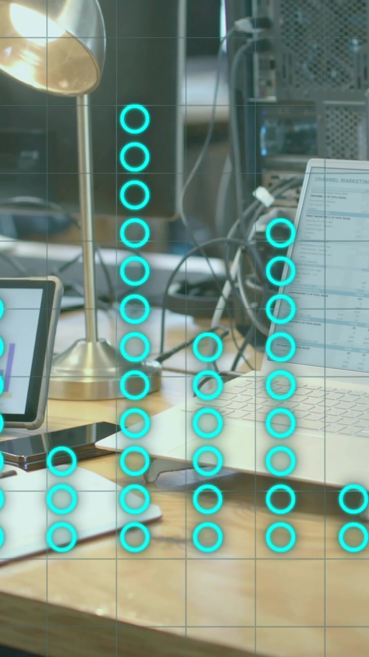 Animation of countdown and graph processing data over laptop and tablet on office desk