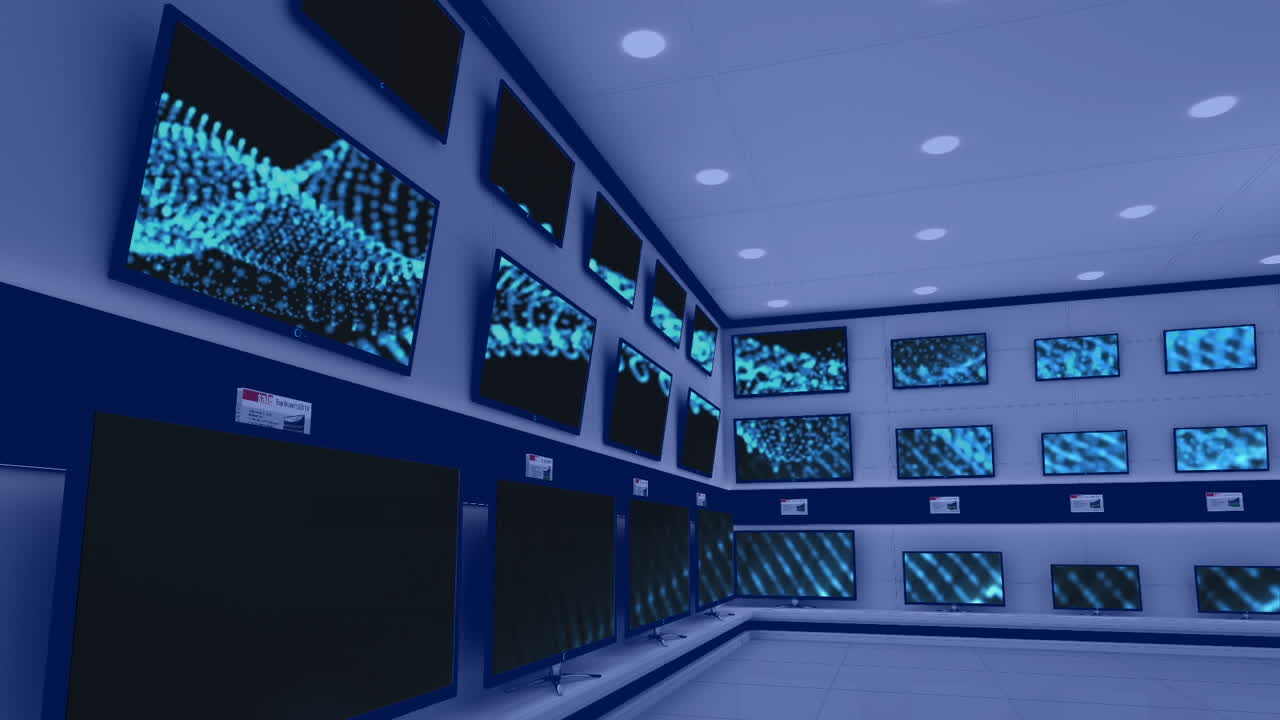 Animation of rows of television sets in store with glowing screens with copy space