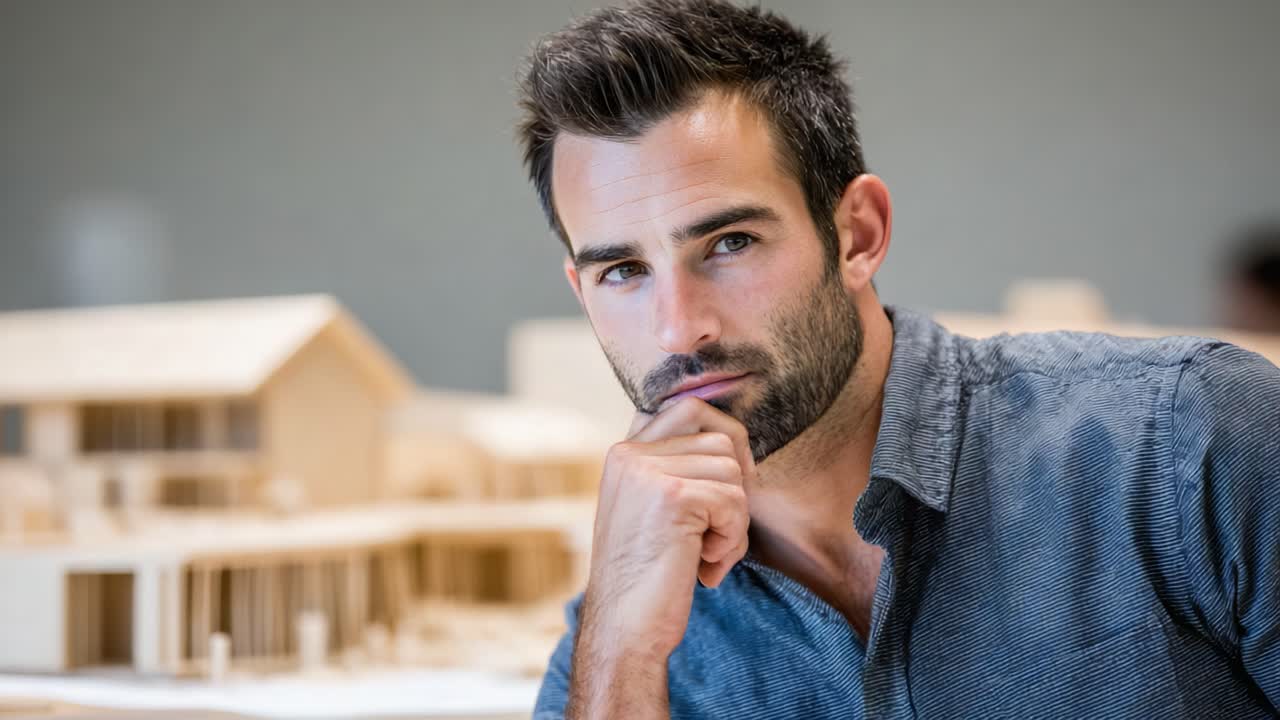 Thoughtful Male Architect Pondering Over Wooden Model of Modern Building Design, Featuring Innovative Architecture Concepts and Creative Planning Techniques
