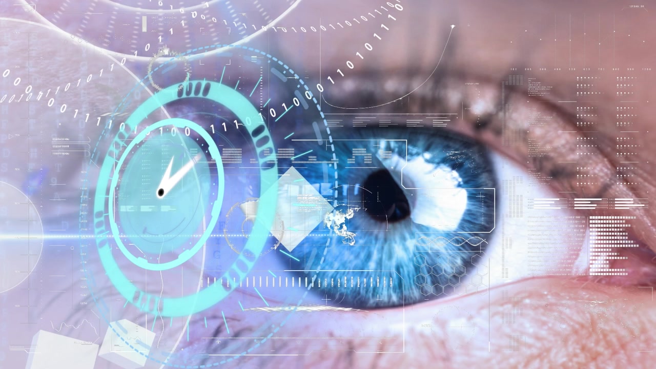 Menneskeøye med digitalt dataoverlegg og klokkegrensesnitt