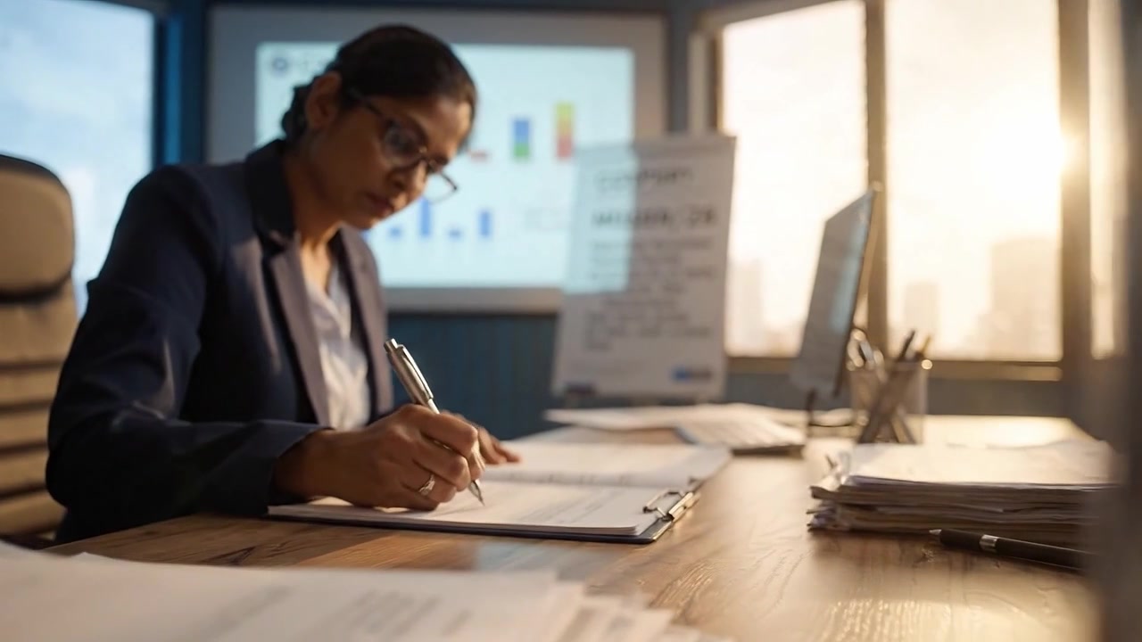 Professionista concentrata che analizza dati e prende appunti in un moderno ambiente d'ufficio, con grafici e cifre visualizzati su uno schermo dietro di lei.