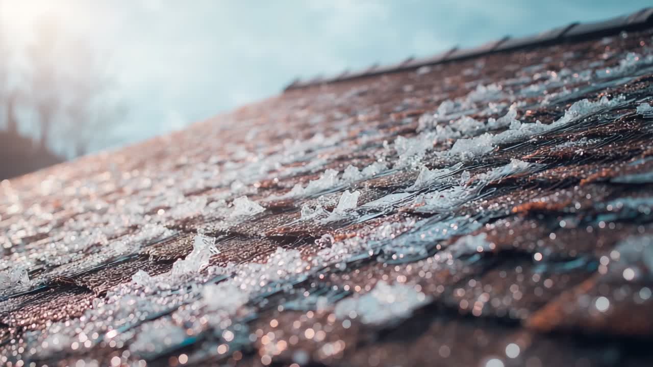 Melting frost and ice crystals sliding down asphalt shingles in warm sunlight, with water droplets