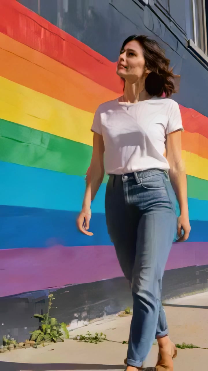 Vertical video: Walking woman starting along sidewalk by rainbow wall wearing tee, jeans, tan shoes