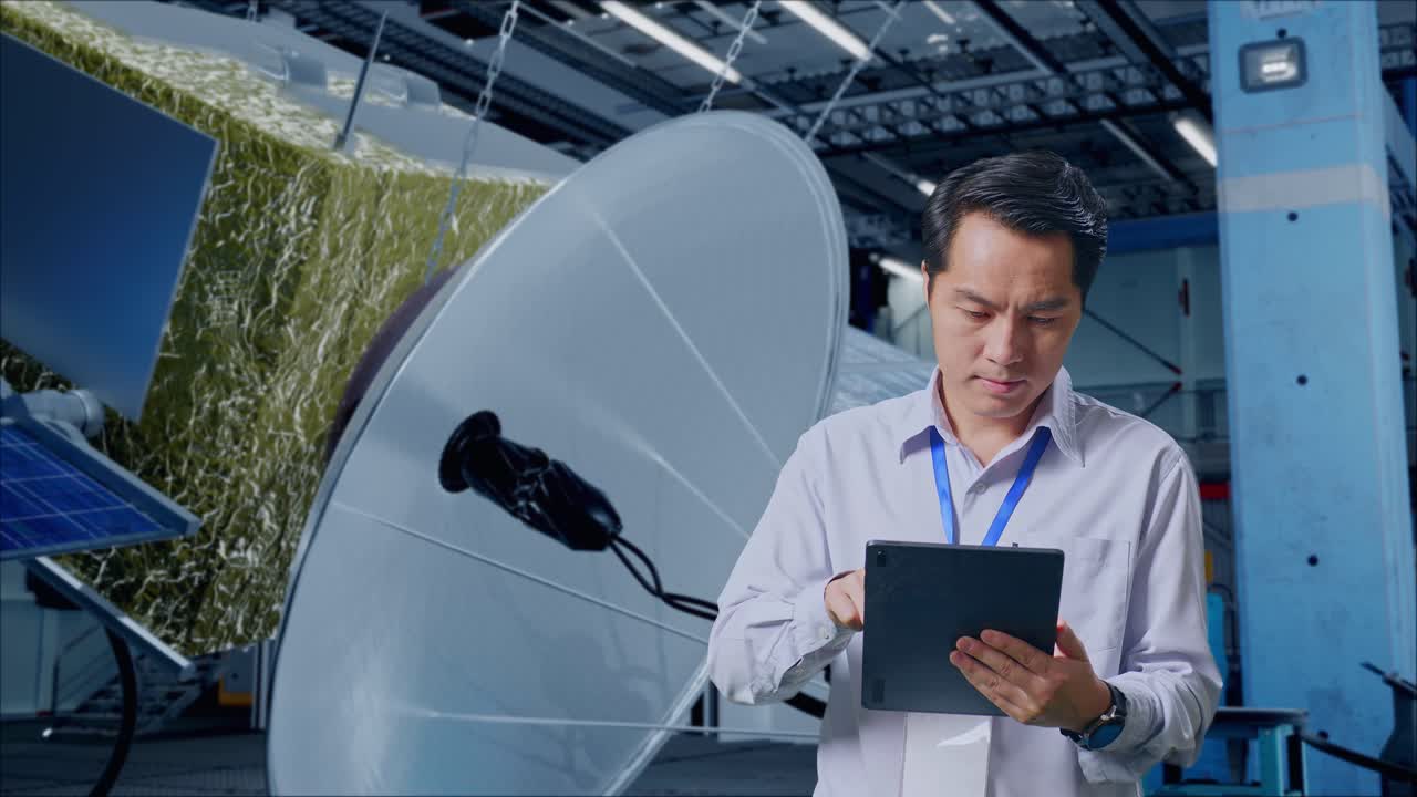 ingeniero de satélites trabajando en una tableta en una instalación de fabricación