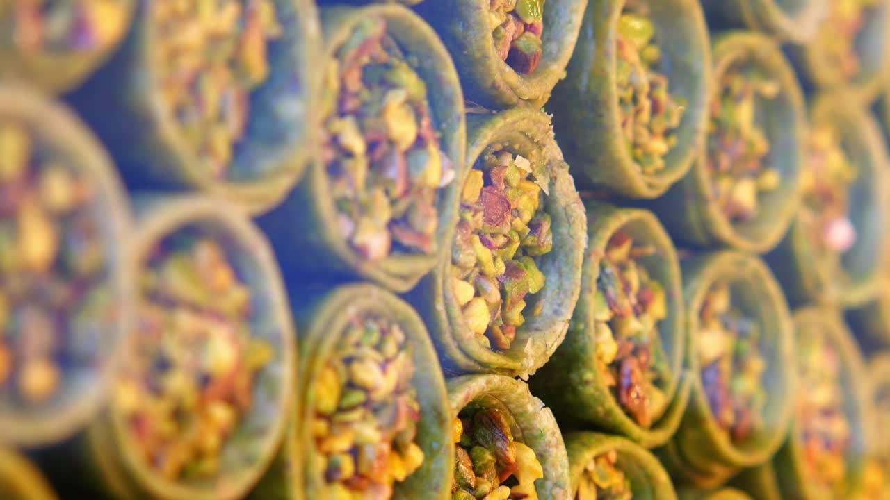 Rows of Green Pistachio Dessert Rolls