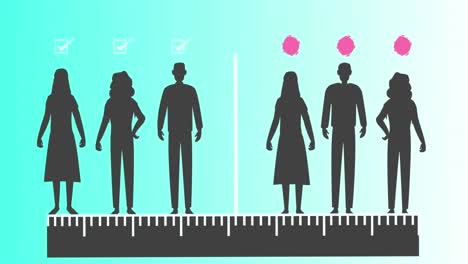 animation of people in line with or without virus thanks to social distancing