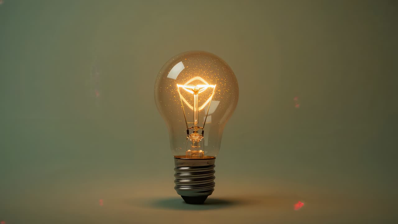Lampadina in vetro che si illumina all'aumentare della potenza, rivelando un filamento triangolare e una base in metallo su un tavolo