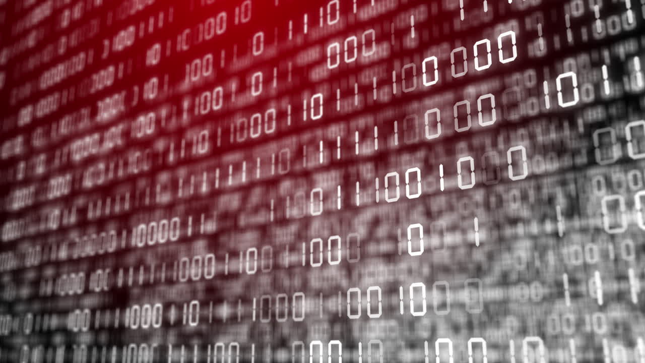 Red background with changing binary code. Blurred numbers of zeros and ones on virtual screens. Abstract motion graphics. Technical environment programming,