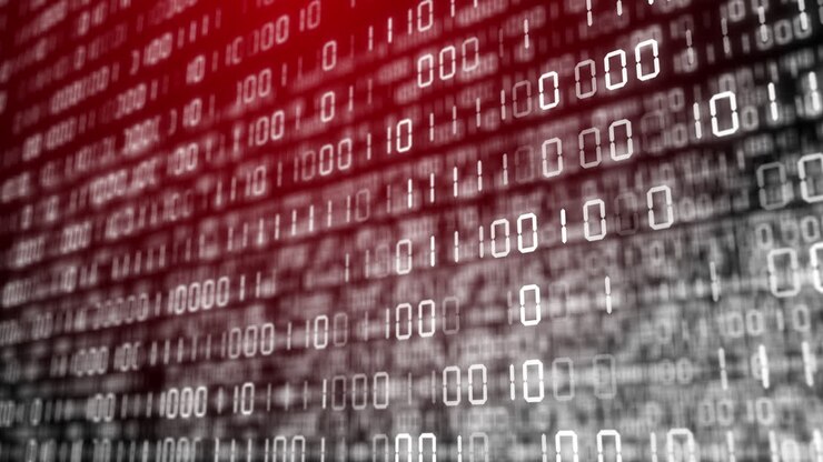 Red background with changing binary code. Blurred numbers of zeros and ones on virtual screens. Abstract motion graphics. Technical environment programming,