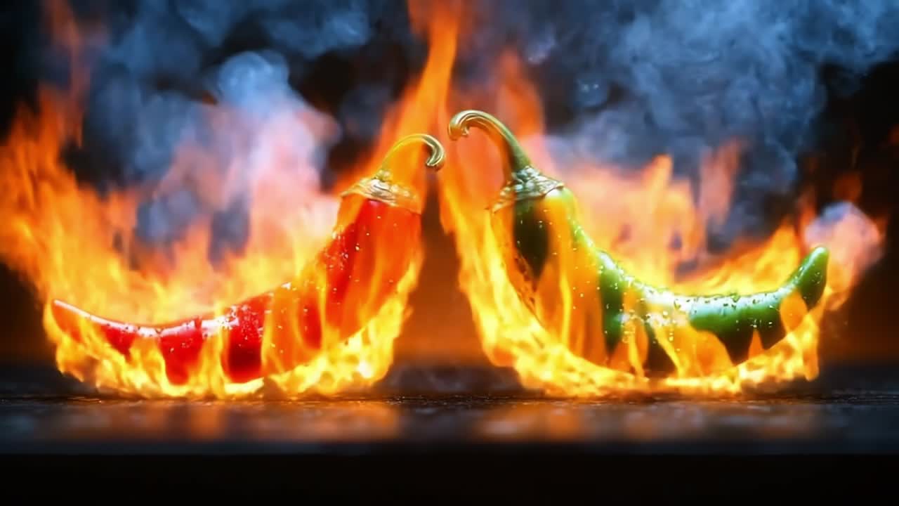 Chili peppers ignite in dramatic flames. Red and green chili peppers burn brightly as flames engulf them, creating a vibrant and spicy visual display.