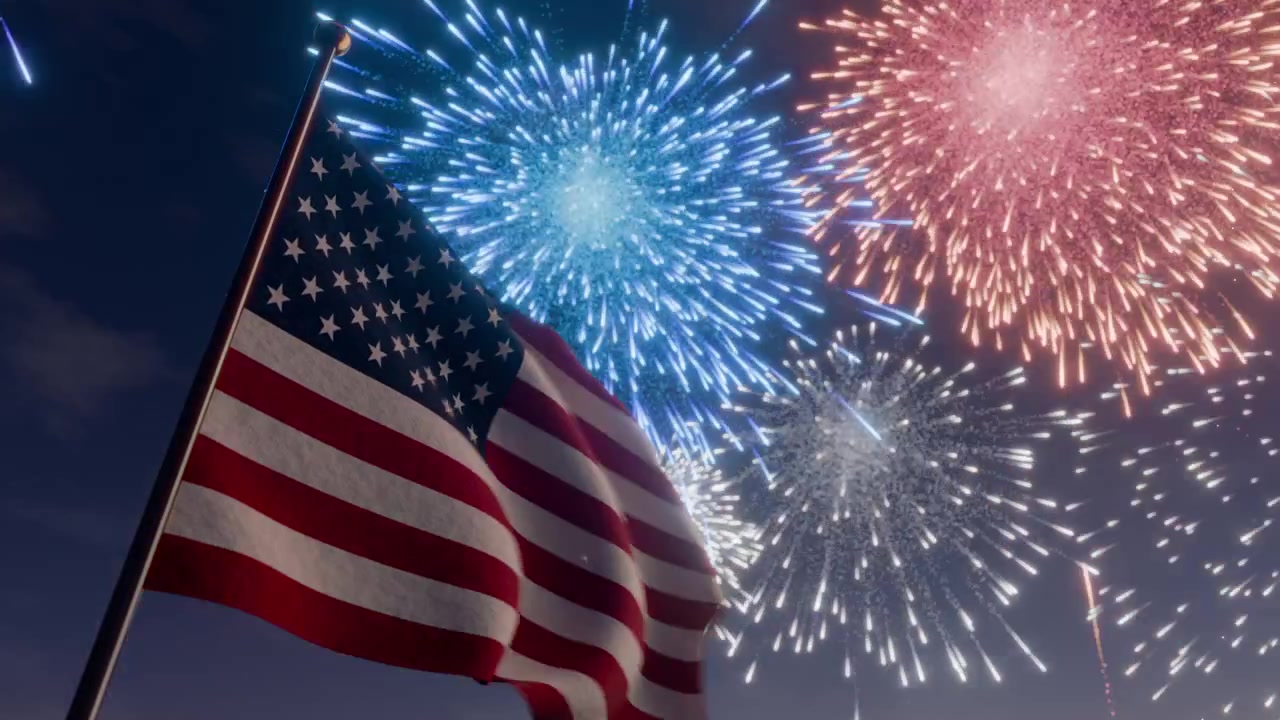 Flag of the United States of America during a New Year's Eve fireworks display