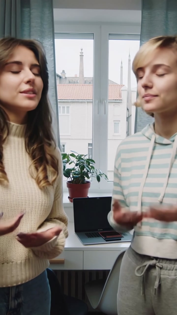 Recording starting, two women in sweater, hoodie syncing hands at home by desk laptop following cue