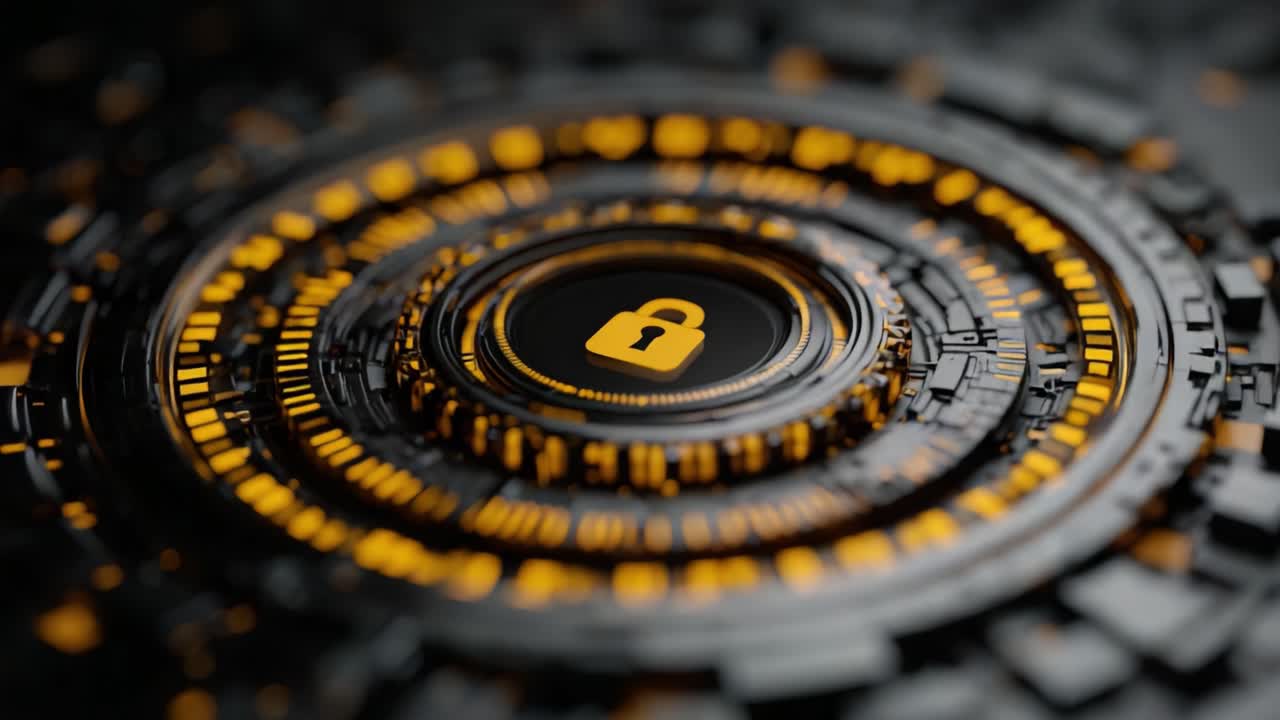 This visually striking image portrays a secure digital lock symbol set against an intricate, futuristic background, emphasizing themes of cybersecurity and technology