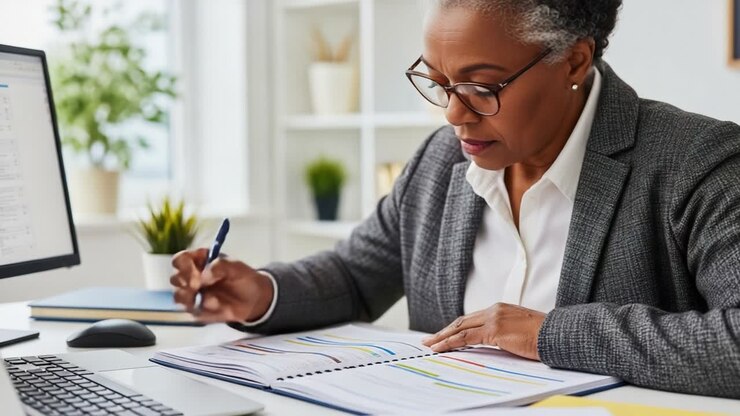 Professionista concentrato che esamina documenti alla scrivania con il computer: impegnato nell'importante attività di prendere appunti e organizzare progetti aziendali in uno spazio di lavoro ben organizzato con luce naturale