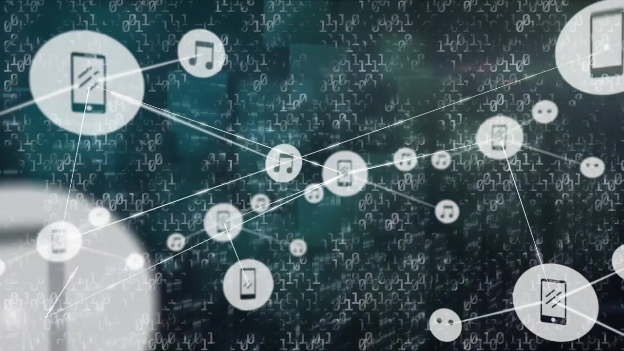 Animation of network of connections with icons over clouds