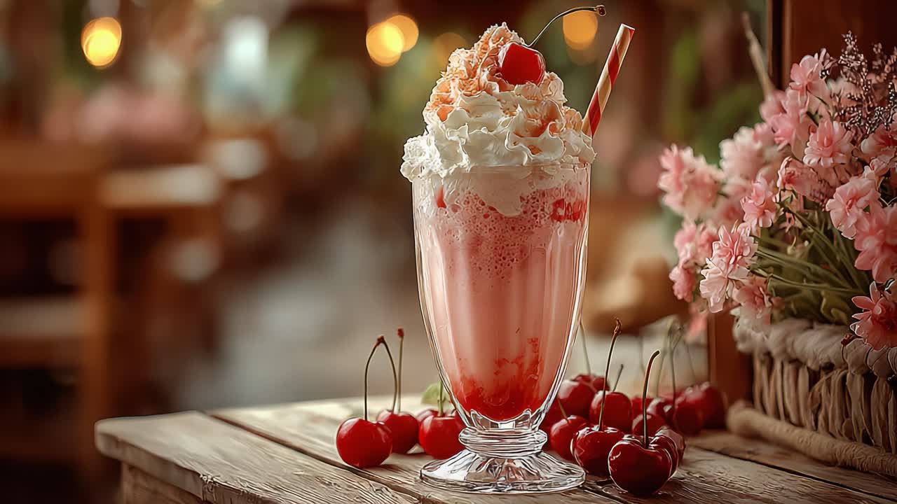 Delizioso Milkshake Sundae alla Ciliegia con Panna Montata, Cannuccia e Ciliegie in un Accogliente Ambiente da Caffè, Circondato da Fiori Freschi e un Tavolo in Legno Rustico