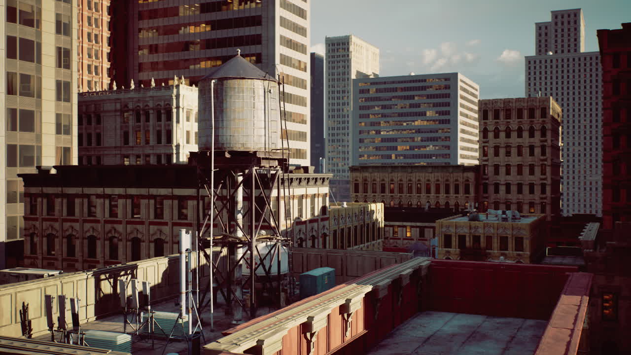 City skyline with water tower observed from rooftop during golden hour