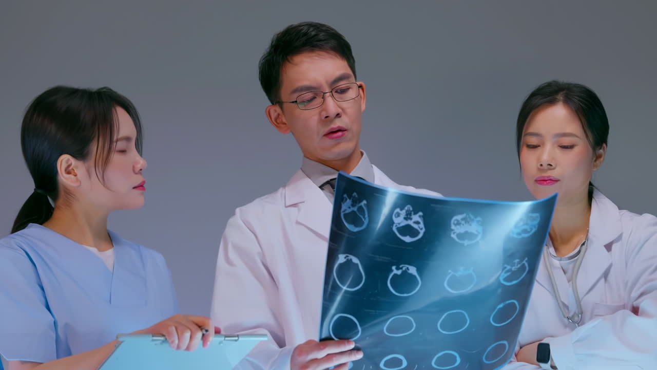 Nurse doctors and Team experts medical having meeting, using laptop and paper documents holding radiography x-ray, examining medical reports during work day in the hospital