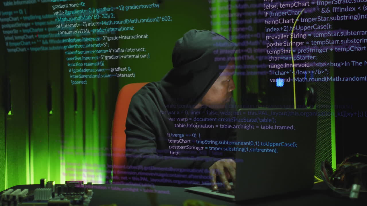 анимация цифровой обработки данных над афроамериканцем, использующим ноутбук с помощью компьютерных серверов