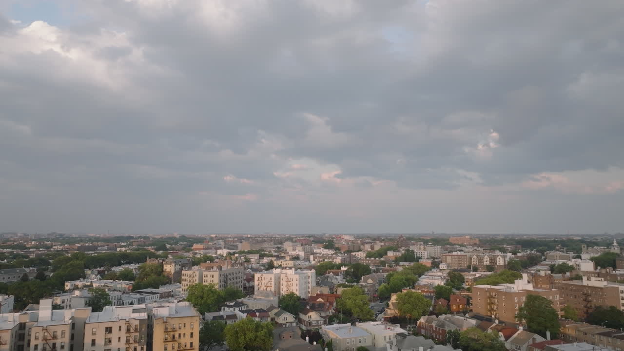 Aerial view of Bay Ridge, Brooklyn on a humid summer afternoon