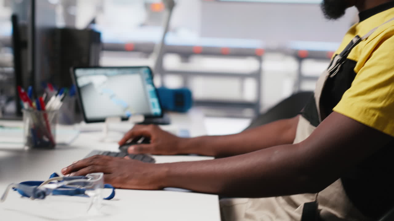 Vertical Video Black engineer works on solar software settings in automated factory