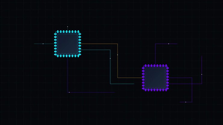 Digital Microchips Communicating via Data Lines on Dark Grid Background