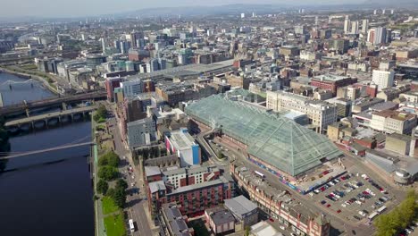 drone flying over glasgow skyline