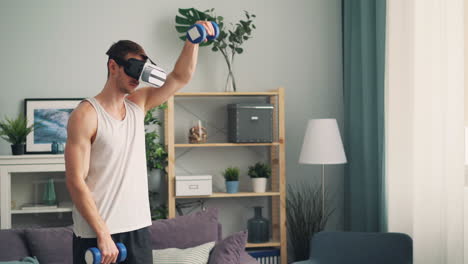man working out with dumbbells in vr headset at home