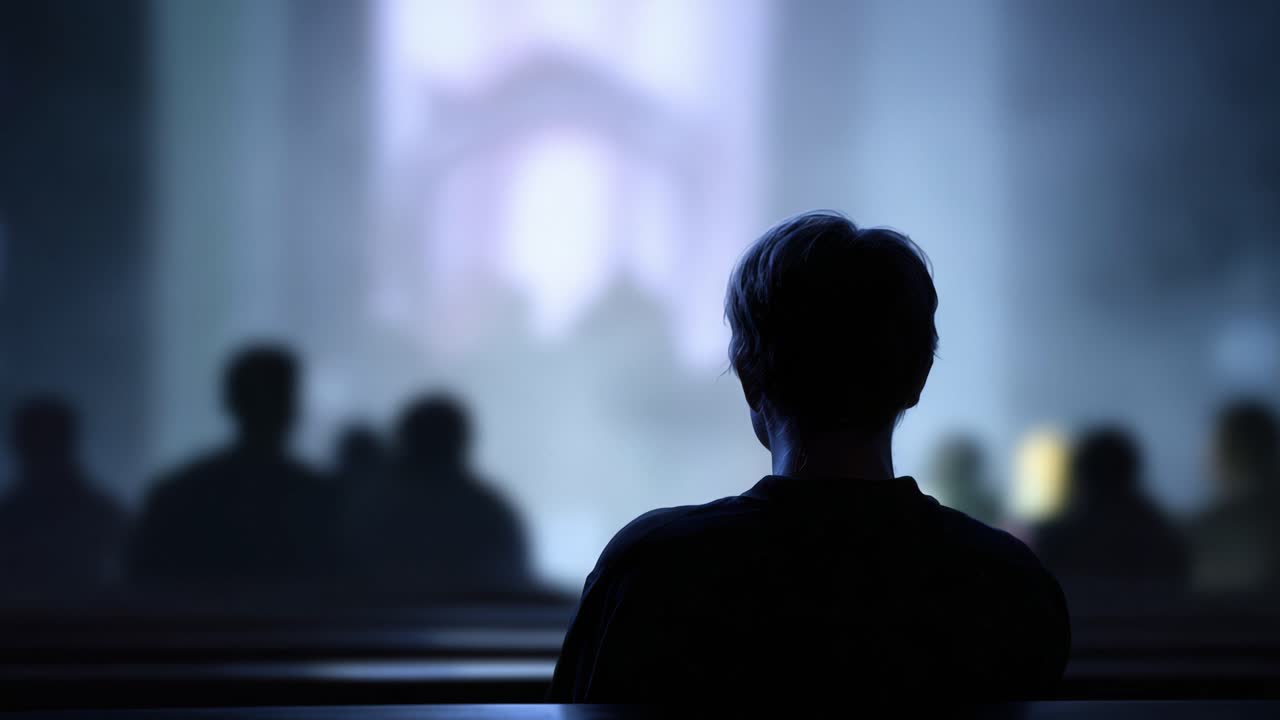 A solitary figure contemplates in a dimly lit space, surrounded by indistinct shadows, evoking deep thoughts and emotions in a profound moment of reflection