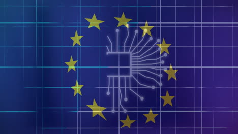 european union stars surrounding circuit board design over blue grid background