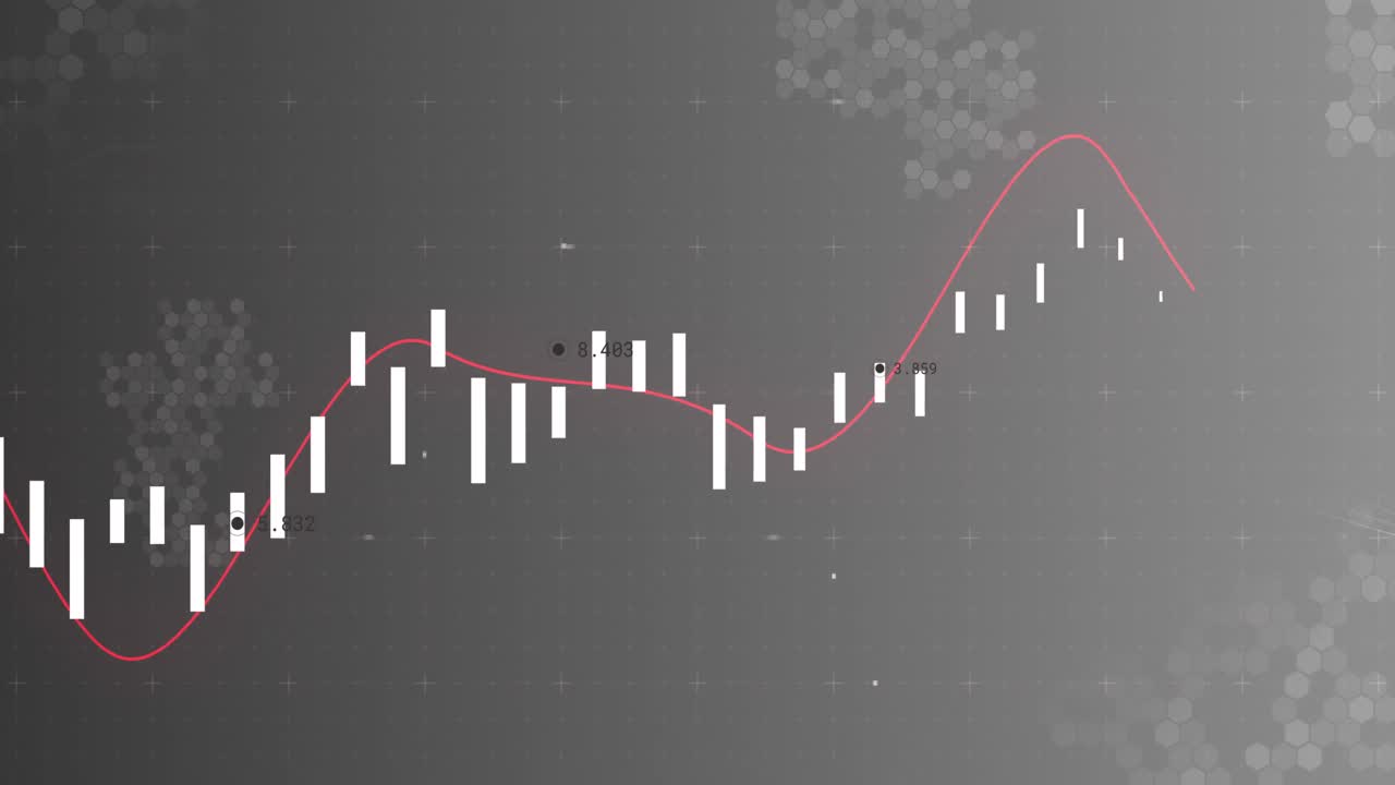 animación del procesamiento de datos financieros, línea roja y marcadores