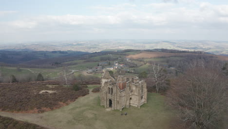 Aerial-drone-point-of-view-of-the-Chapelle-Notre-Dame-du-bon-Secours-on-Mont-Gargan-in-Haute-Vienne,-France