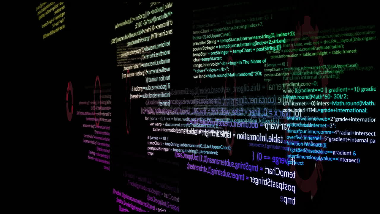 Animation of colorful programming code over dark background with abstract shapes