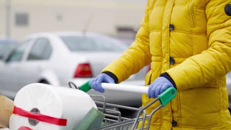 Tracking-video-of-woman-walking-with-full-shopping-basket