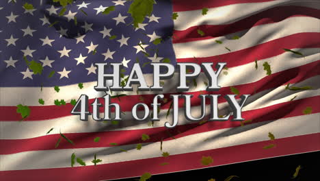 Animation-of-maple-leaves-floating-over-happy-4th-of-july-text-banner-against-waving-usa-flag