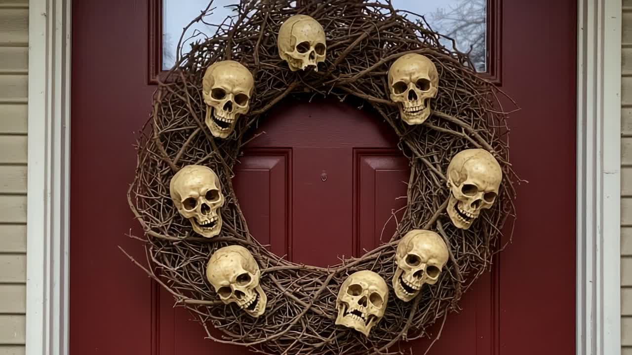 En skummel hodeskallekrans som dekorativt pryder en mørkerød dør, perfekt for Halloween, og forener natur og makaber estetikk i en unik hjemmedekorasjon.