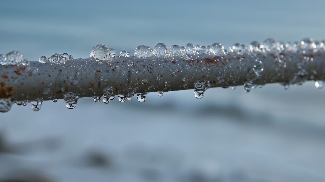 Immagine orizzontale di una verga metallica con gocce d'acqua trasparente sulla riva, lo spruzzo fa unire le gocce